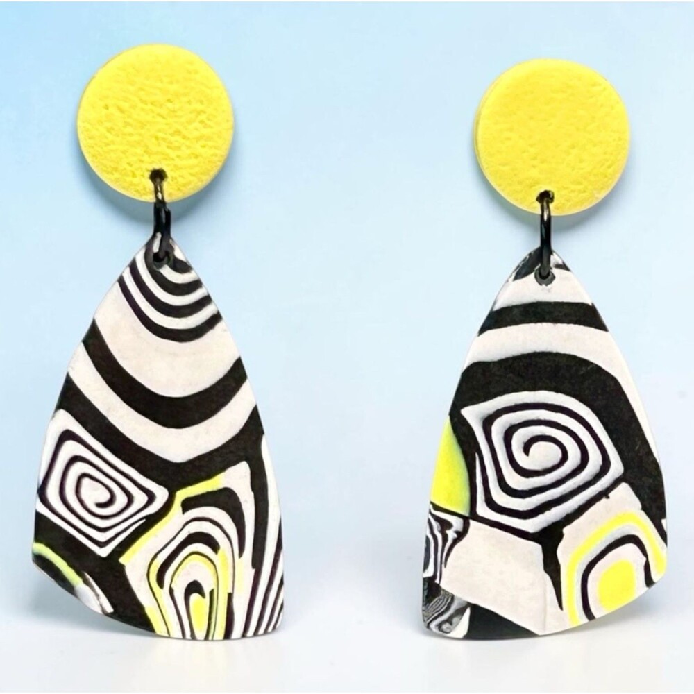 Handmade Yellow Black & White Graphic Print Polymer Clay LG Dangle Earrings SS